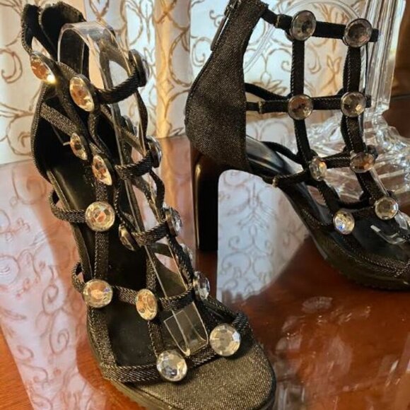 Karl Lagerfeld Beatriz Crystal Block Heel Black Denim Size 9 NWOT - Picture 5 of 6